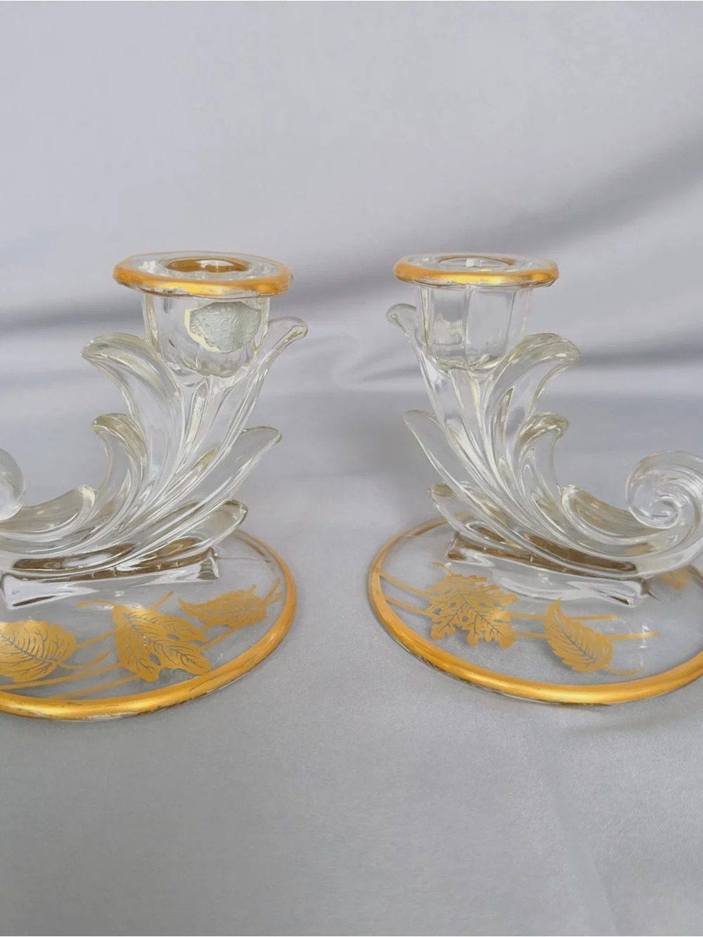 Vintage Fosteria Baraque Taper Candle Holders 22K Overlay Cornucopia Glass Art